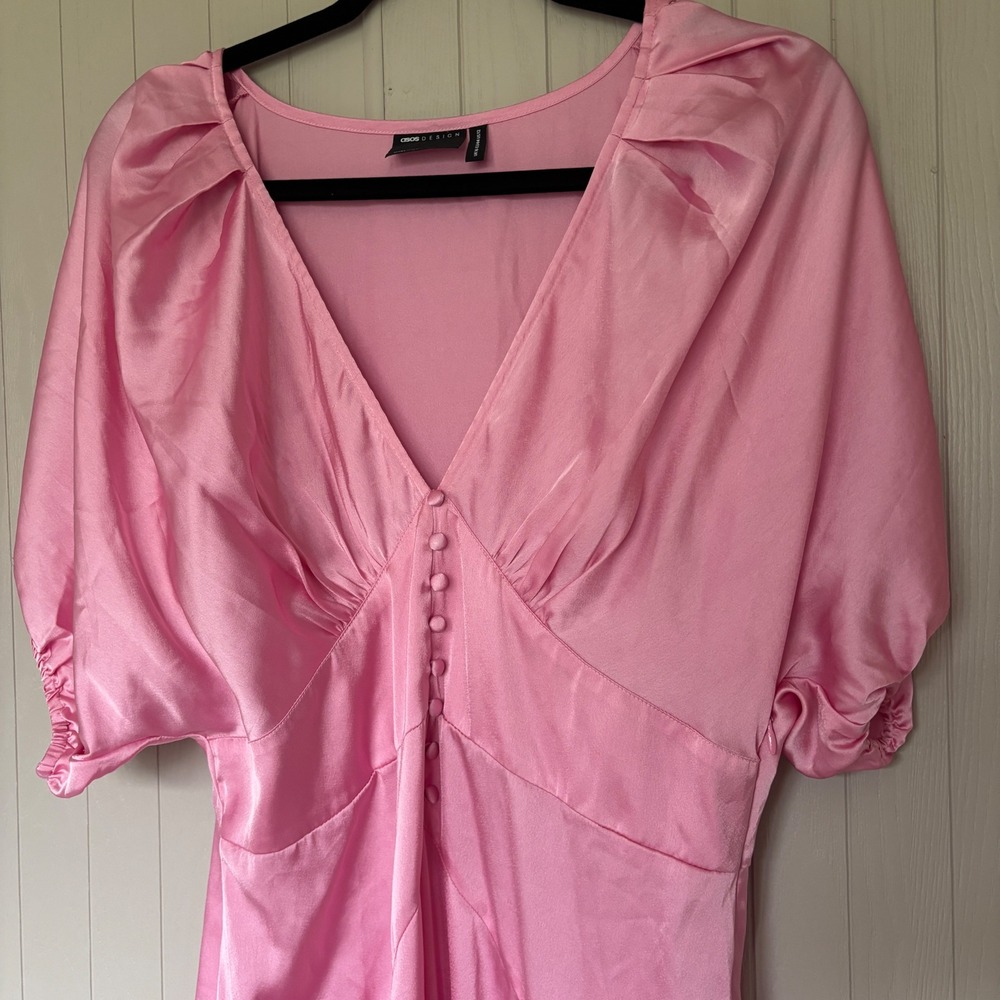 ASOS DESIGN high low hem satin batwing midi dress with button up detail in pink